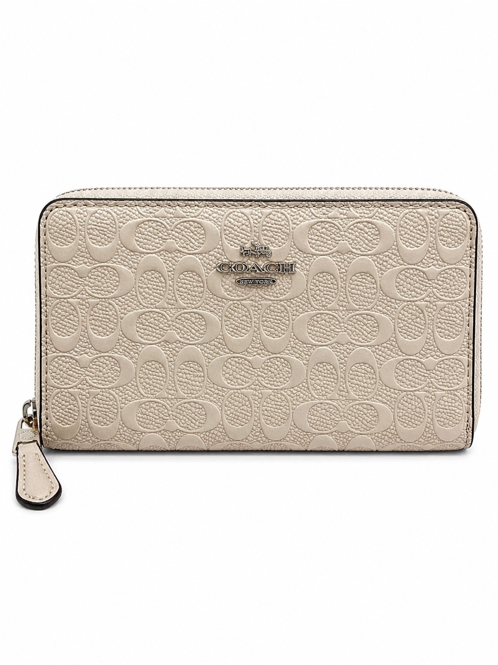 Coach Double Zip Phone Wallet Debossed Signature Patent Leather Beige Chalk